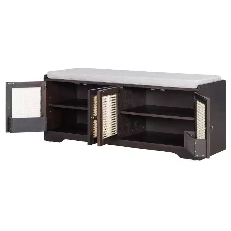 Banc de rangement rustique en bois Whisen, banc à chaussures pour entrée avec coussin amovible et étagères réglables