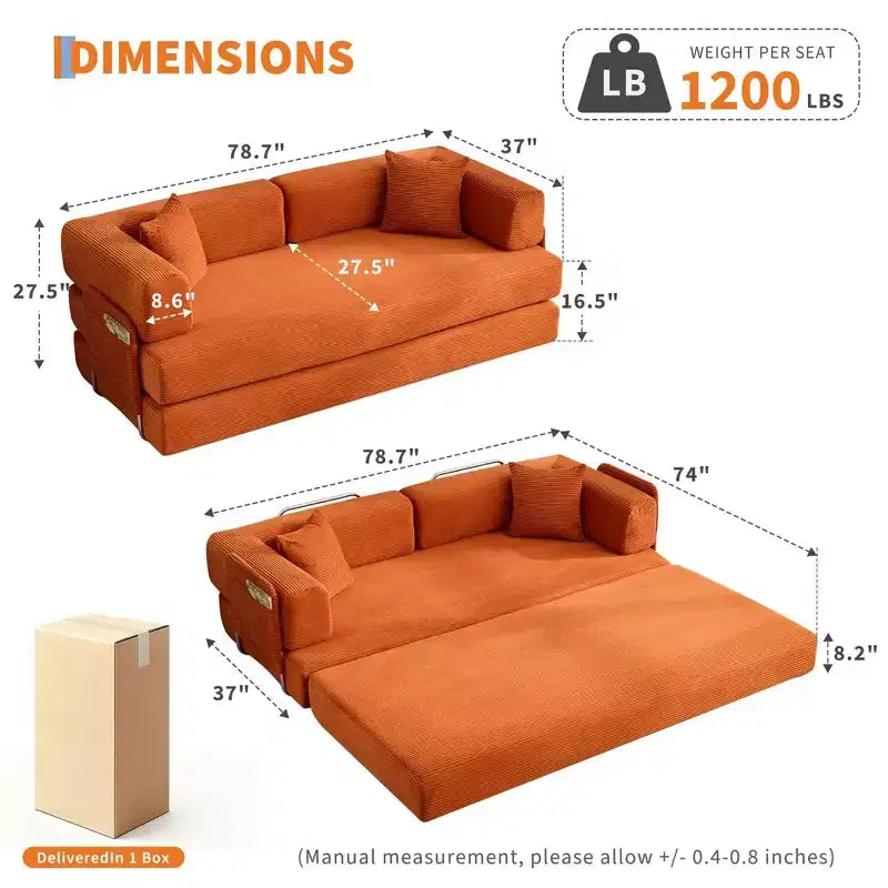 Schlafsofa, 78,8 5-in-1-Klappmatratzen-Couch/Loveseat, formstabiler Stahlrahmen, Cord mit Kissen