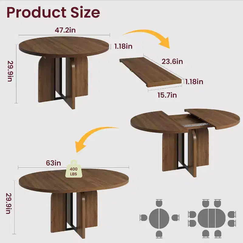 Table à manger ronde extensible de 47 à 63 po pour 4 à 8 personnes, table de cuisine extensible en bois de style champêtre avec structure en métal, table ovale gain de place pour appartement, gris rétro