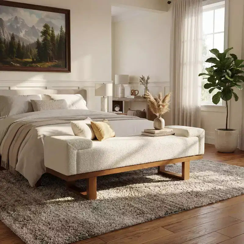 Christopher Knight Home Paulina moderne Sitzbank aus Gummibaumholz mit Bouclé-Polsterung