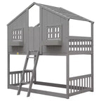Twin Size House-Shaped Loft Bed, Wood Playhouse Loft Bed with Ladder & Guardrails for Kids