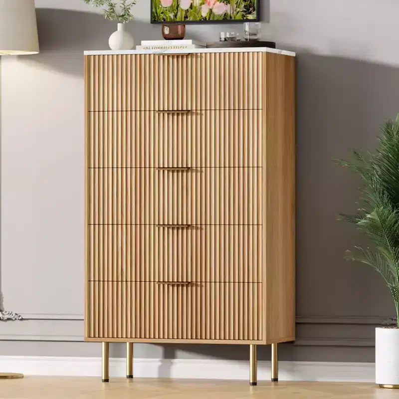 White / Marble & Wood 5-Drawer Dresser ?C Fluted Panel, for 1 Person Use