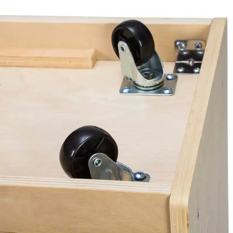 Meuble mobile à plateaux avec casiers et 15 bacs frontaux à ouverture en forme de cuillère, 3 x 4, mobilier pour enfants