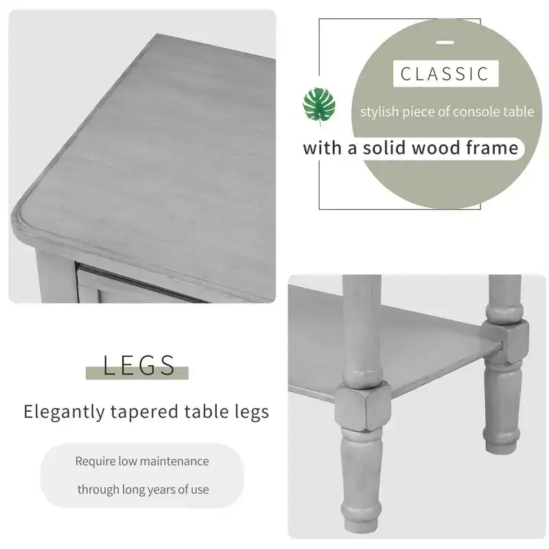 Smalle consoletafel van 60,2 cm met 3 laden en plank, sofatafel voor kleine entrees of woonkamers