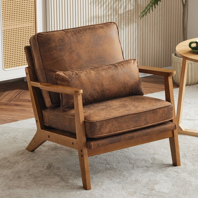 Polster-Sessel aus Leinenmischgewebe mit Holzbeinen und einem Kissen, Beige
