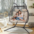 Balancelle d’extérieur pour deux avec support, chaise suspendue pliable, coussin de hamac et auvent, fauteuil œuf double – beige