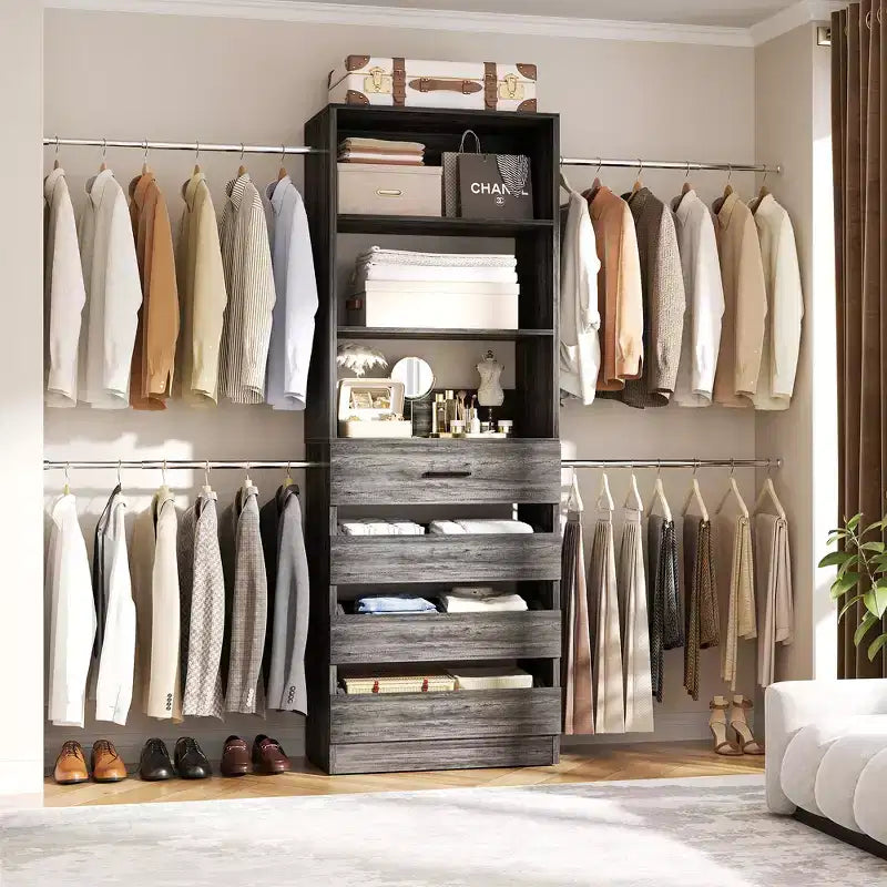 Besiost Holz-Kleiderschrank-Organizersystem für 1,2–2,7 m mit 4 Schubladen, 4 Kleiderstangen und Regaltürmen
