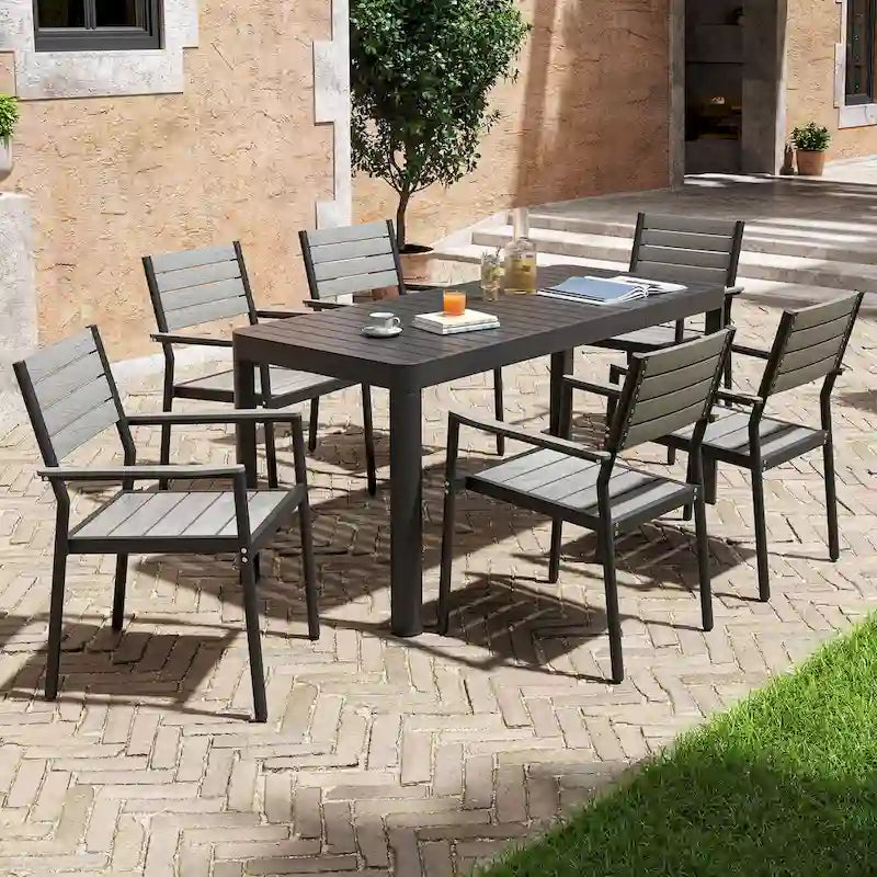 5/7-teiliges Aluminium-Essset für die Terrasse mit stapelbaren Stühlen und ausziehbarem Tisch