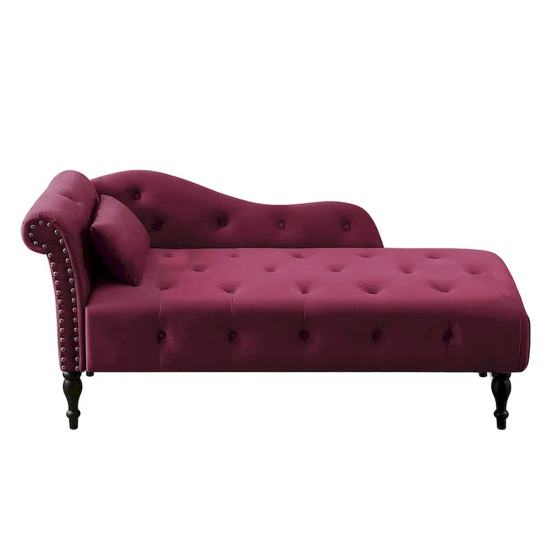 Chaise longue moderne de 60,6 po, capitonnée en velours avec boutons, pieds en bois massif et clous décoratifs