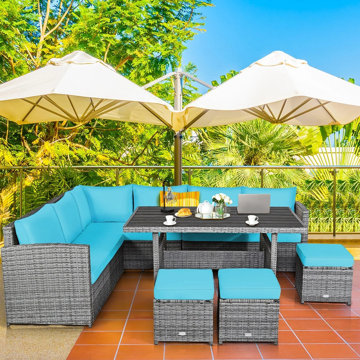 Costway Ensemble repas de jardin en rotin de 7 pièces, canapé d’angle, canapé et pouf — Voir les détails