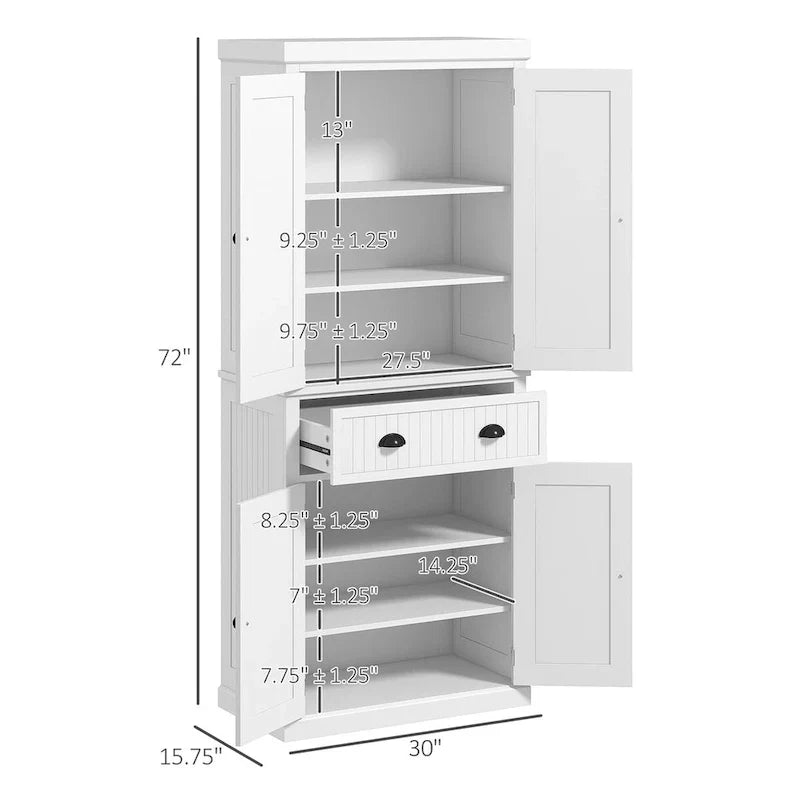 Armoire de rangement de garde-manger de cuisine de 72 pouces, armoire traditionnelle autoportante avec 4 portes et 3 étagères réglables, grand tiroir central
