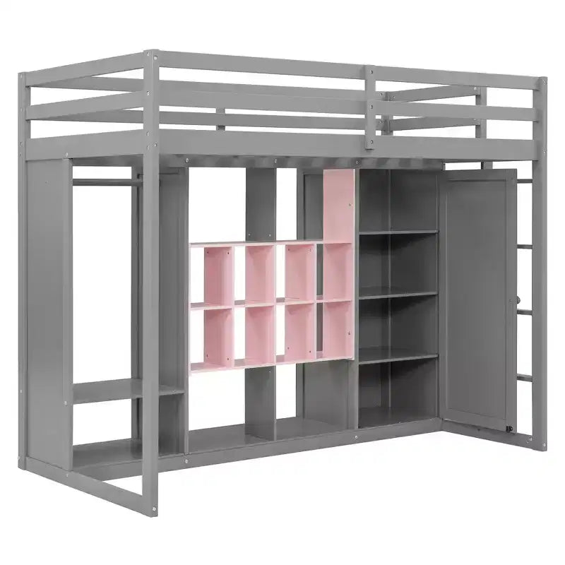 Kinder-Hochbett mit Kleiderschrank und Regalen, Hochbettgestell aus Holz mit Stauraumschrank für Kinder und Jugendliche