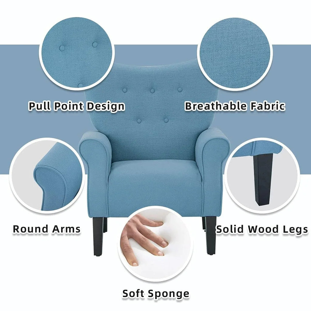 Erommy moderne accentstoel, fauteuil met hoge rugleuning, gestoffeerde stoffen fauteuil met knopen en houten poten voor de woonkamer
