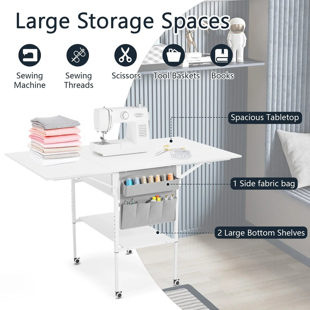 Table de bricolage réglable en hauteur avec étagères de rangement, table de découpe pliante mobile pour bureau à domicile, salle de couture ou atelier créatif