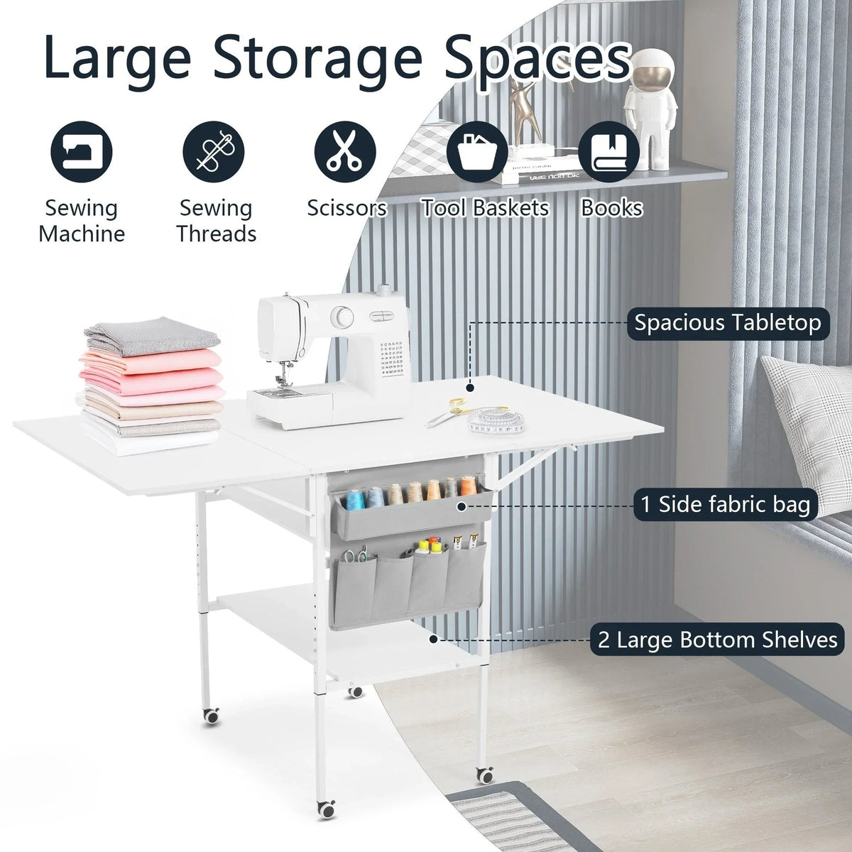 Table de bricolage réglable en hauteur avec étagères de rangement, table de découpe pliante mobile pour bureau à domicile, salle de couture ou atelier créatif