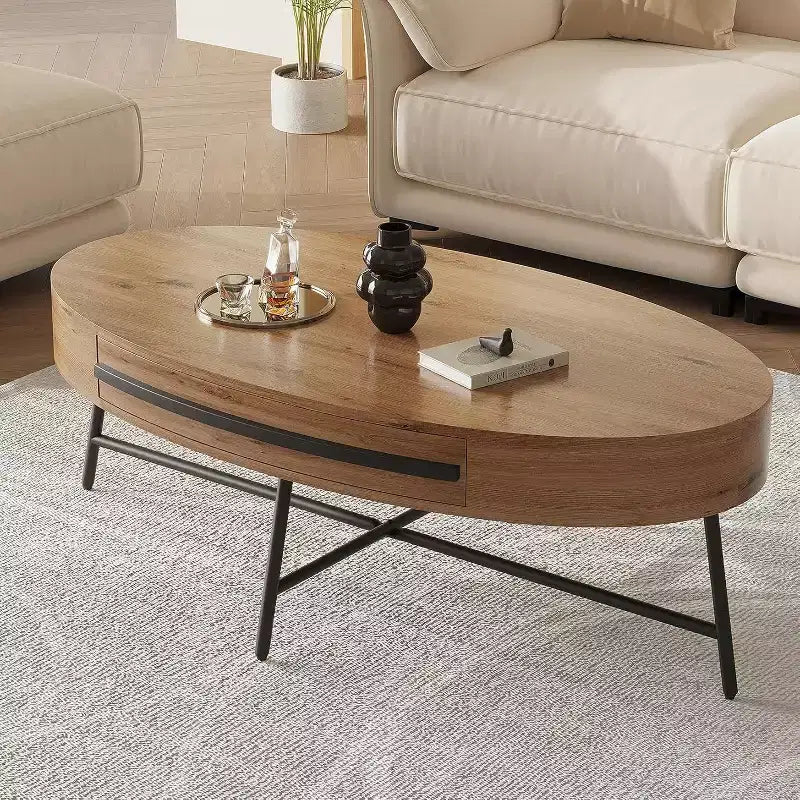 Acekool ovale salontafel met lade, houten opbergtafel van 47,2 met metalen kruispoten, moderne tafel in mid-century-stijl in naturel en goudkleurig wilgenhout
