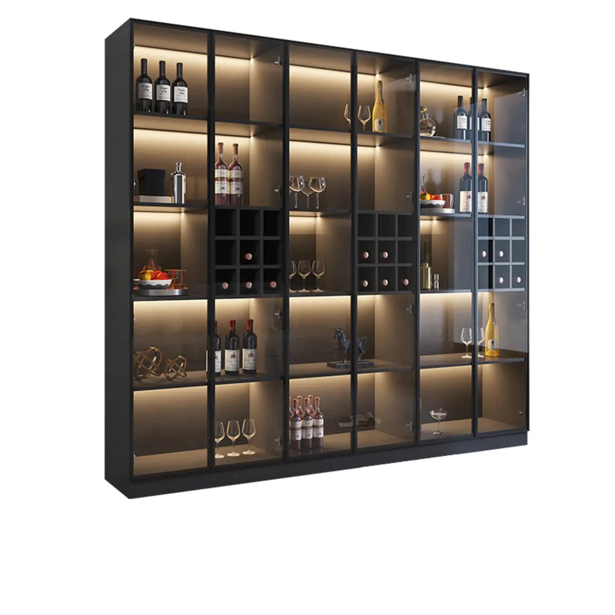 Minimalistische zwarte houten wijnkast met glazen deur
