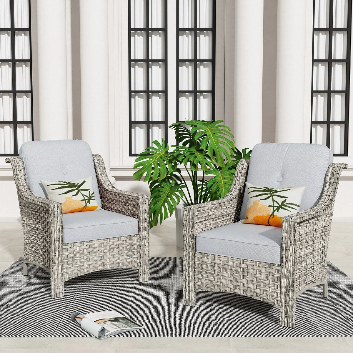 Ensemble de 2 fauteuils de jardin d’extérieur HOOOWOOO en rotin tressé à dossier haut