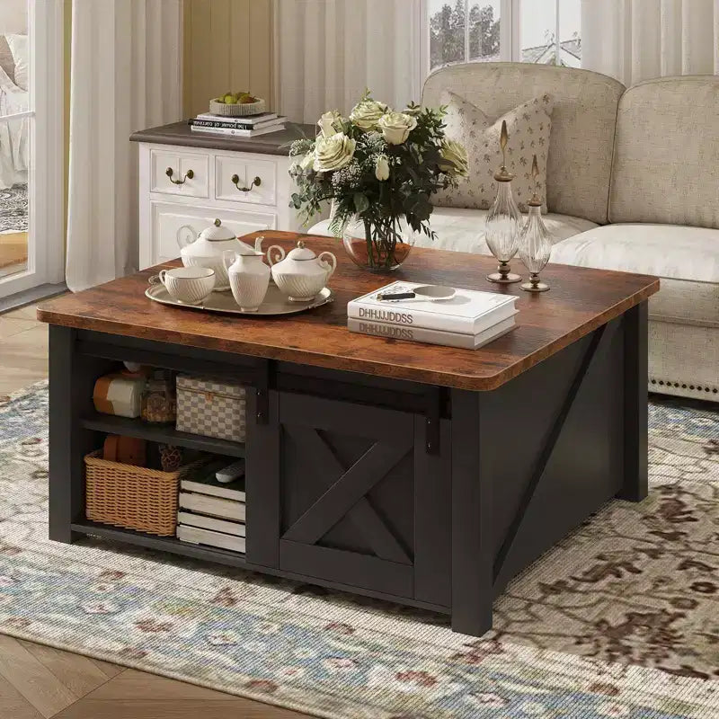 Table basse relevable JIONJOY de 31,5 po avec grand espace de rangement dissimulé, étagères réglables, table centrale carrée de style champêtre pour salon et petits espaces