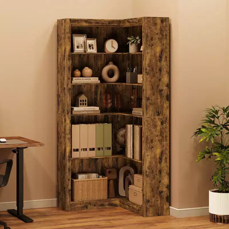 Black/White/Wood/Retro, L-Shaped Corner Bookshelf, 5-Tier, Single