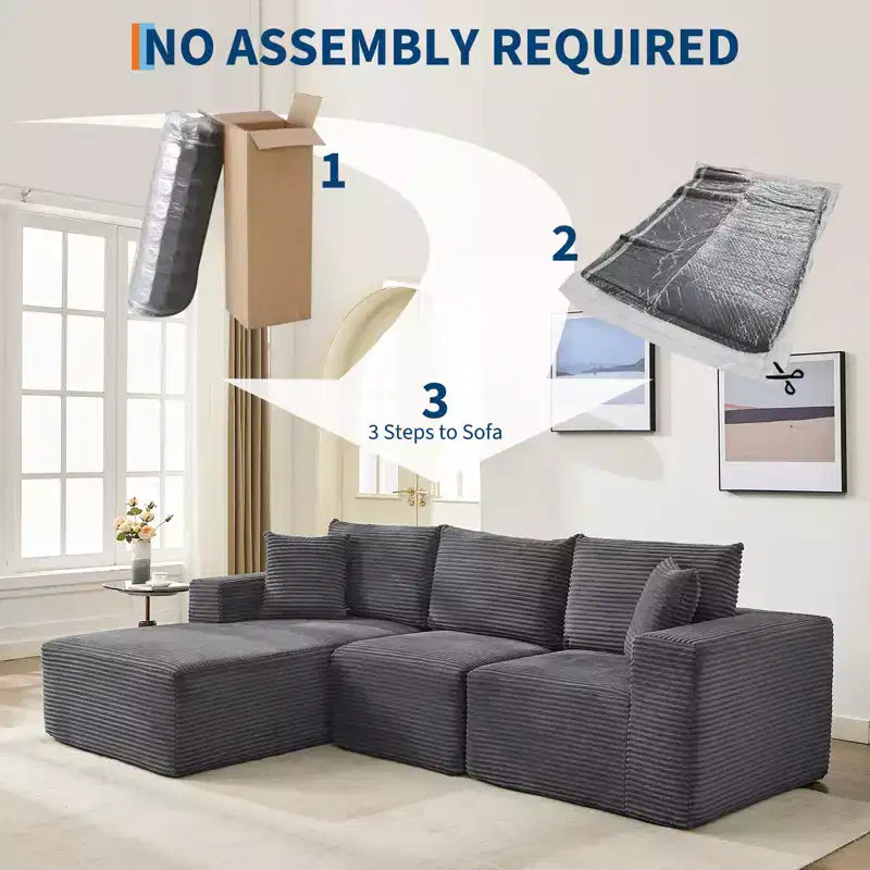 Canapé moderne 108, canapé 3 places rembourré en L avec coussins, assise profonde, aucun assemblage requis