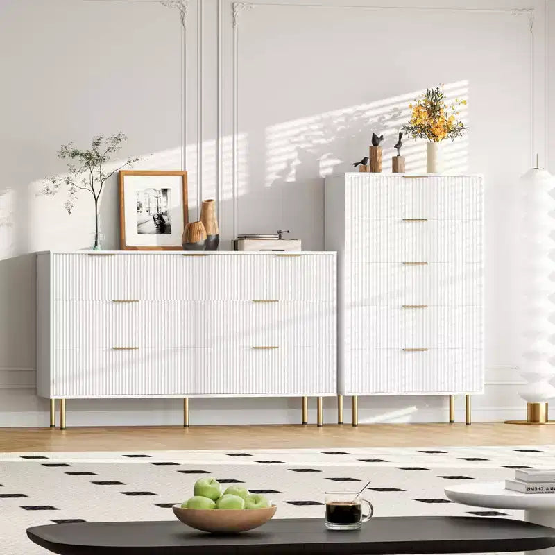 White / Marble & Wood 5-Drawer Dresser ?C Fluted Panel, for 1 Person Use
