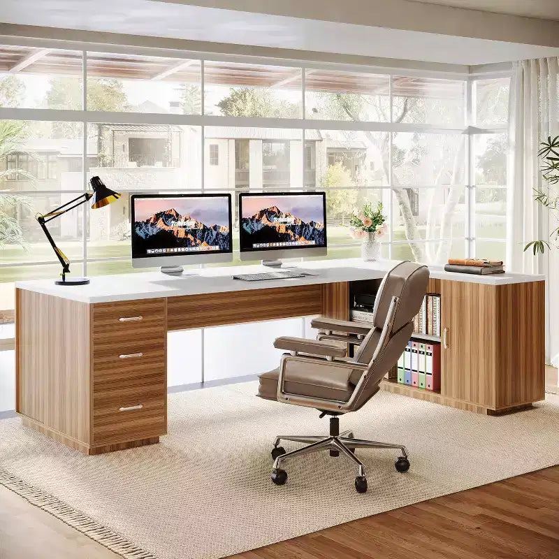 Grand bureau de direction en L Lantine 85.8, bureau d’ordinateur extra-large avec tiroirs pour dossiers, pour bureau à domicile