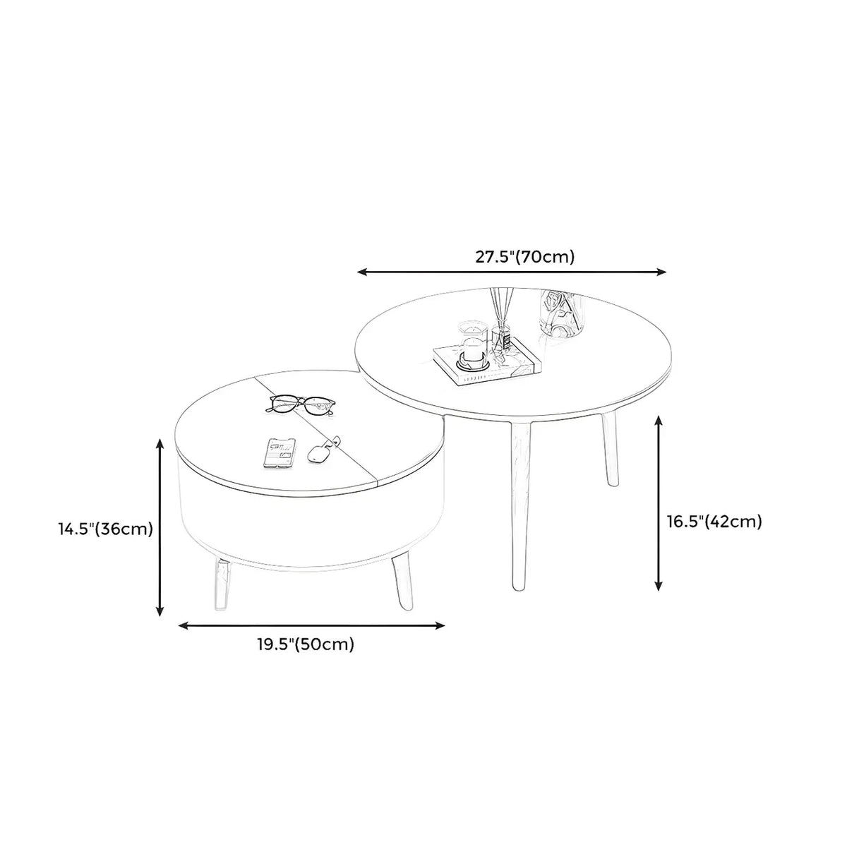 Moderner runder Couchtisch aus schwarzem und weißem Holz mit Stauraum