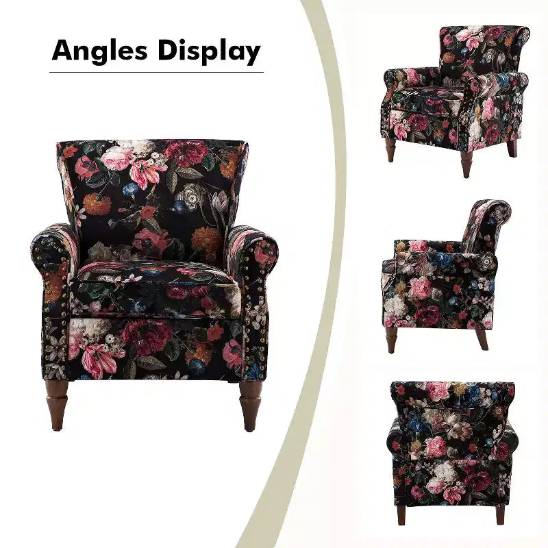 Fauteuil traditionnel Araceli en bois, rembourré à motif floral, avec dossier à oreilles et bordure cloutée| ART OF LIVING DESIGNS