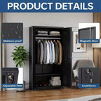 72in Wardrobe Cabinet with Lock, Black Metal Garage Storage Cabinets with Adjustable Shelves & Hanging Rod, Metal Cabinet Storage for Home, Bedroom