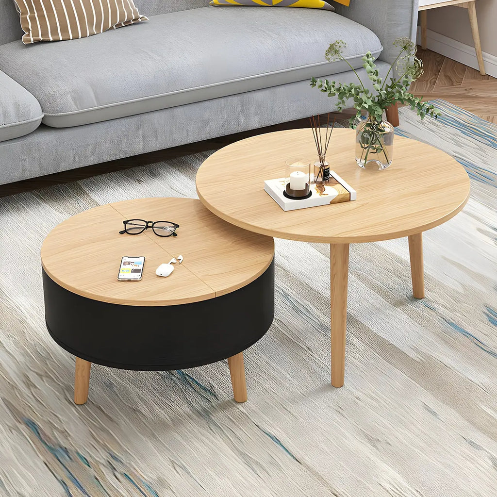 Moderner runder Couchtisch aus schwarzem und weißem Holz mit Stauraum