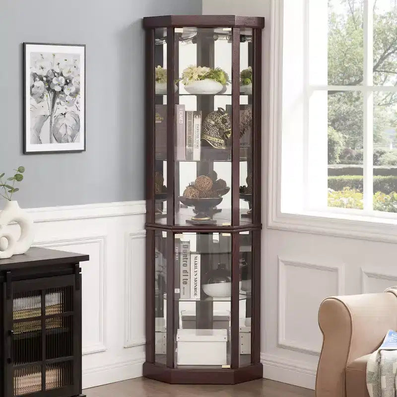 Hoekvitrinekast met glazen deuren en planken, hoekdisplaykast voor de woonkamer