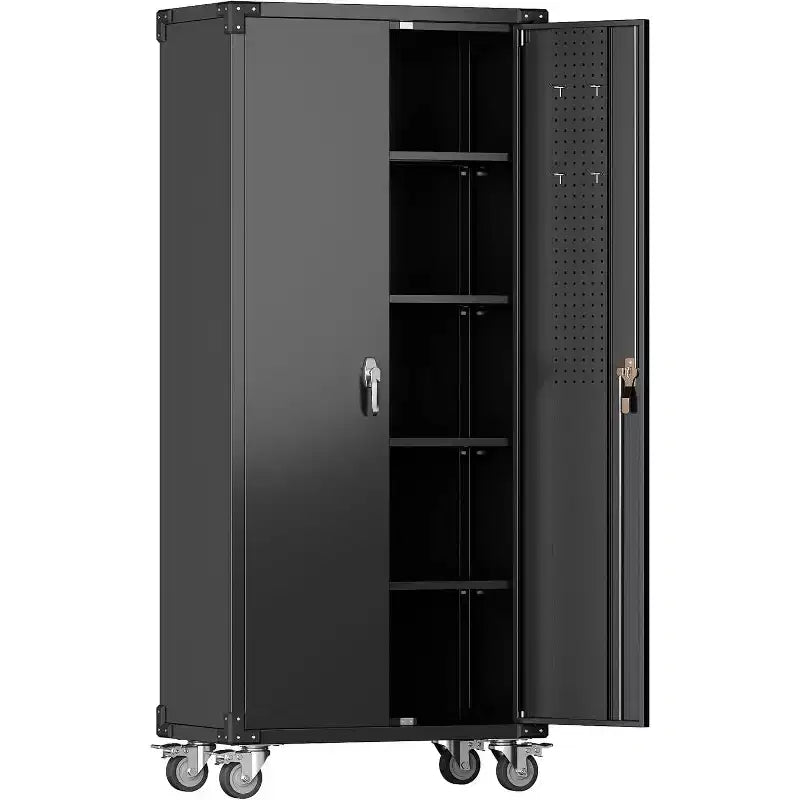Garagekast met wielen en gatenbord, afsluitbare metalen opbergkast van 72 inch hoog met 2 deuren en 4 verstelbare planken voor garage en werkplaats