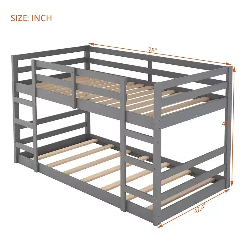 Lit superposé bas, lit superposé en bois au ras du sol avec échelle, lit superposé avec barrières de sécurité complètes