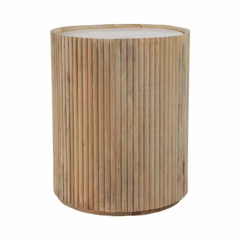 Decoratieve geribbelde houten bijzettafel met marmeren blad en opbergruimte - kleine woondecoratietafel voor slaapkamer of woonkamer