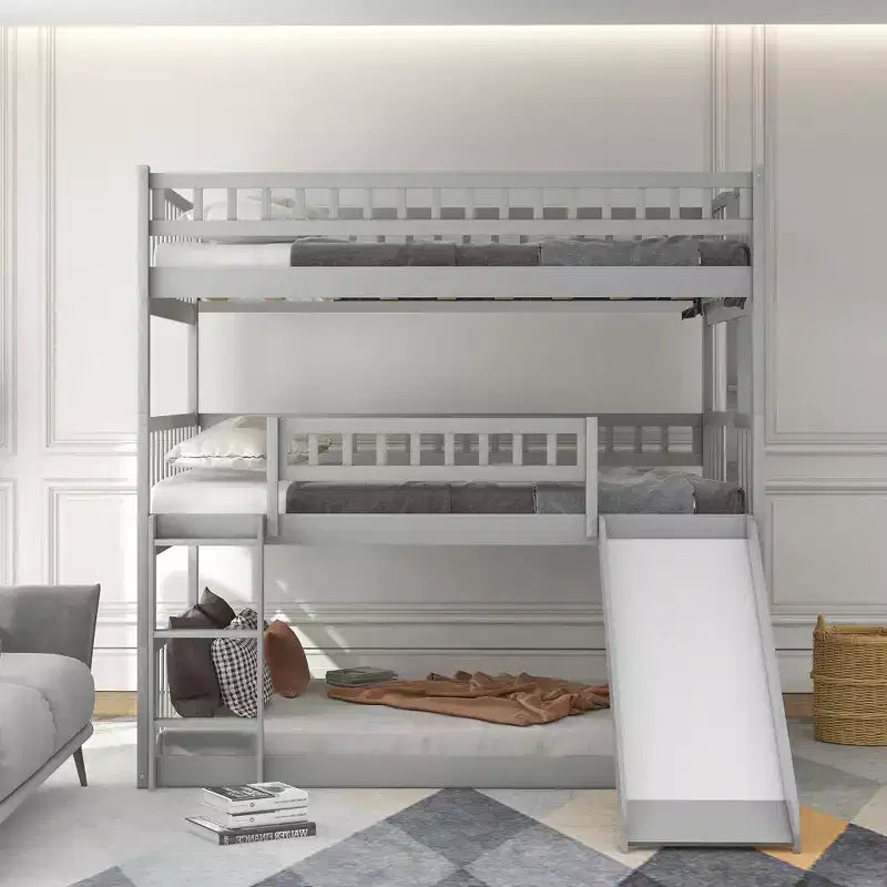 Dreistöckiges Etagenbett Full über Full mit umbaubarer Leiter und Rutsche, dreistöckiges Bett mit Sicherheitsgittern, Weiß/Grau/Espresso – ModernLuxe