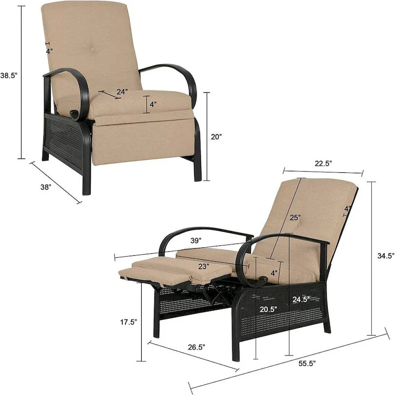 Fauteuil inclinable réglable de salon pour extérieur avec coussin - 38 (P) x 26.5 (L) x 38.5 (H) POUCES