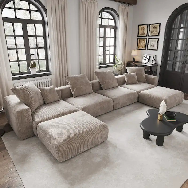 Grote modulaire hoekbank met corduroybekleding, U-vormig, 4-zits, met 2 ottomanen en 5 kussens