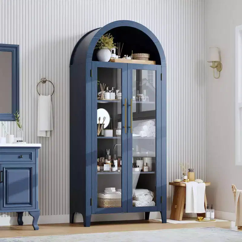 Armoire de rangement haute et cintrée avec portes vitrées, bibliothèque d’exposition à 5 niveaux avec étagères réglables pour la cuisine ou le salon