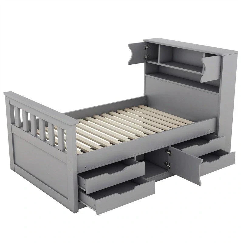 Lit plateforme de capitaine Twin/Full avec 4 tiroirs et étagères de rangement, structure en bois massif avec tête de lit bibliothèque et rangements