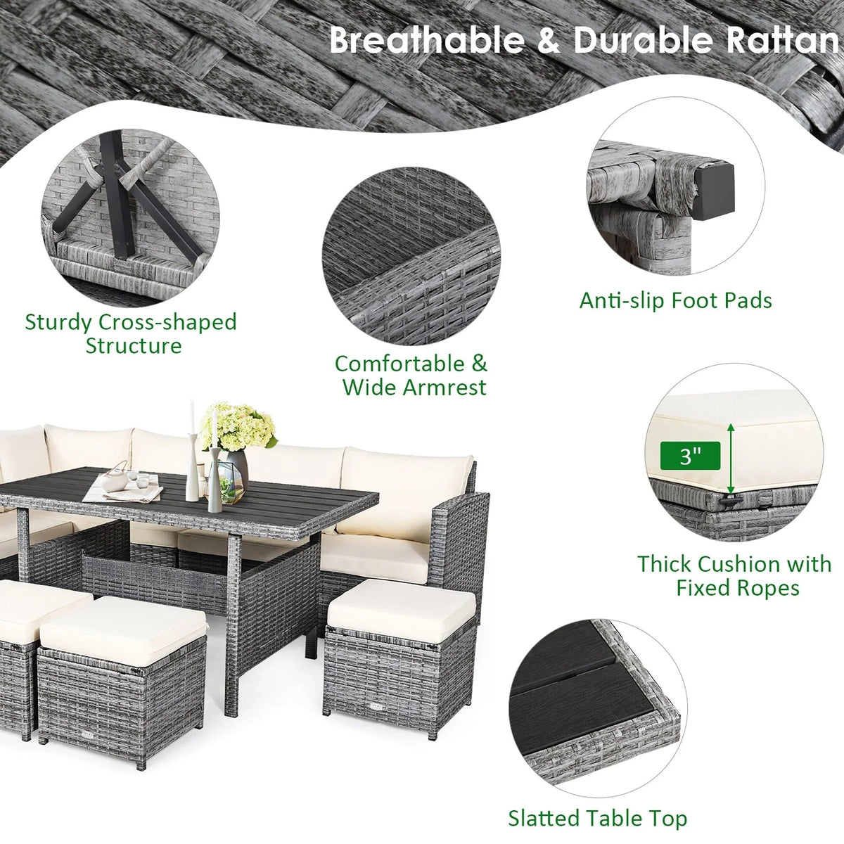 Costway Ensemble repas de jardin en rotin de 7 pièces, canapé d’angle, canapé et pouf — Voir les détails
