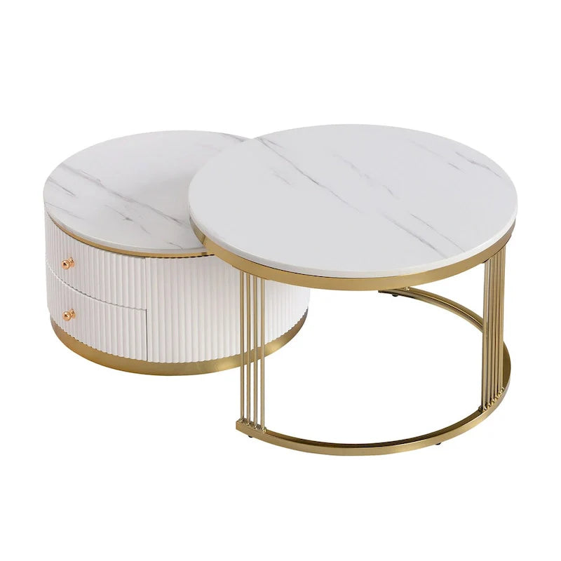2 Pieces White Round Nesting Coffee Table with Drawers