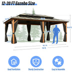EROMMY Pavillon mit festem Dach, Outdoor-Pergola mit Doppeldach, Netzvorhängen und Vorhängen, robustes Vordach für Terrasse, Garten und Poolpartys