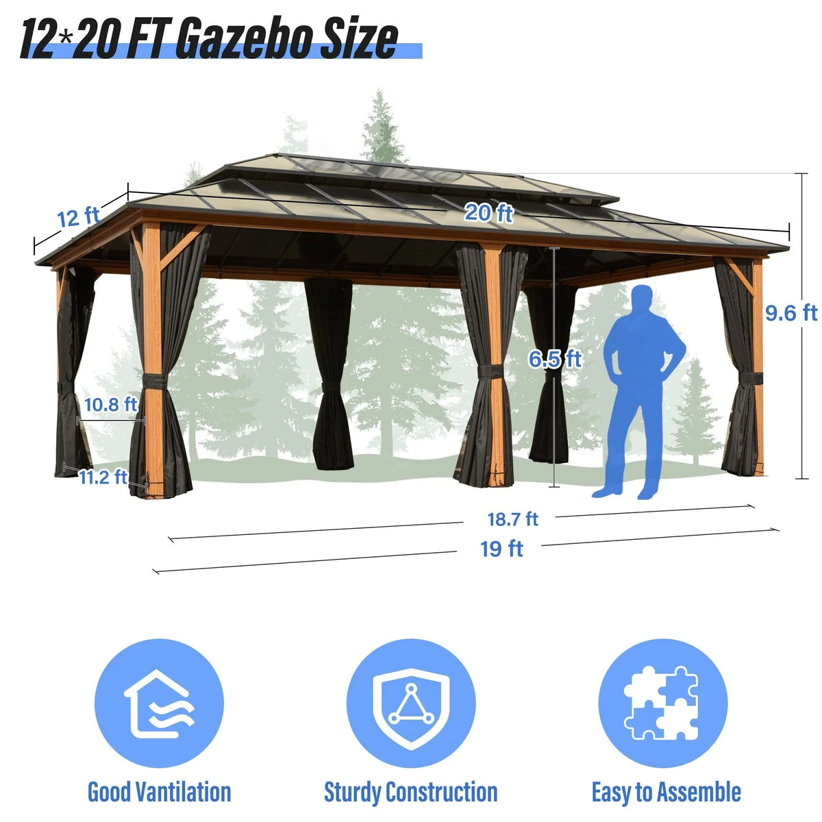 EROMMY Pavillon mit festem Dach, Outdoor-Pergola mit Doppeldach, Netzvorhängen und Vorhängen, robustes Vordach für Terrasse, Garten und Poolpartys
