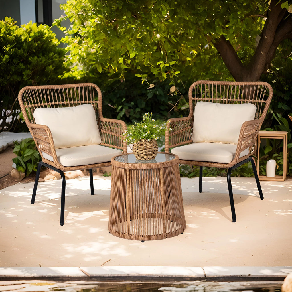 3-delige bistroset van wicker voor buiten, weerbestendige rotan tuinmeubelset met stoelen en kussens