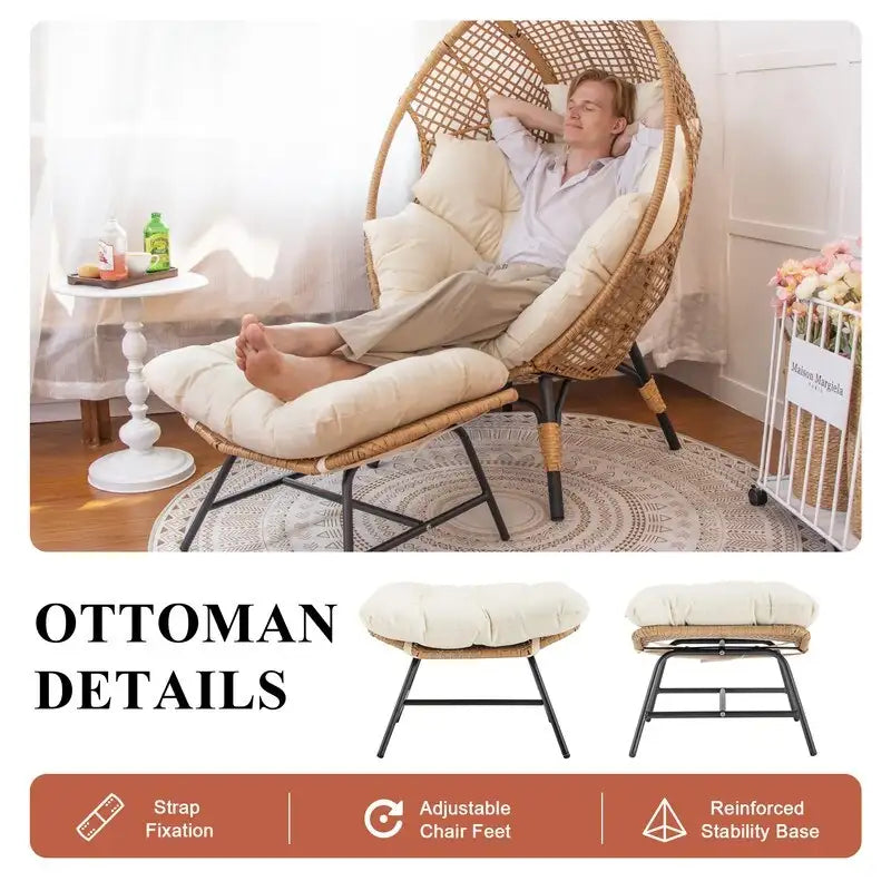 Fauteuil œuf d’intérieur FINCATI, fauteuil œuf d’extérieur supportant 440 lbs, fauteuil œuf surdimensionné avec pouf, fauteuil œuf luxueux et confortable avec repose-pieds
