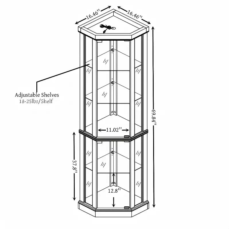 Hoekvitrinekast met glazen deuren en planken, hoekdisplaykast voor de woonkamer
