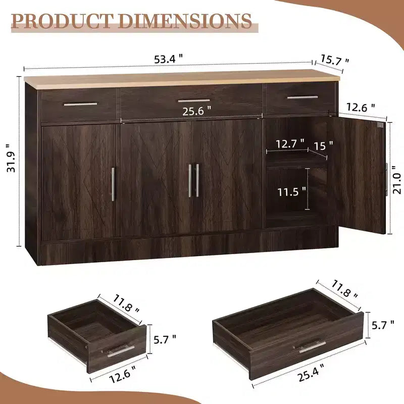 Buffet de rangement Celebalcony, grand meuble de cuisine de 53,4 pouces avec 3 tiroirs et 4 portes, étagère réglable pour la cuisine et le salon