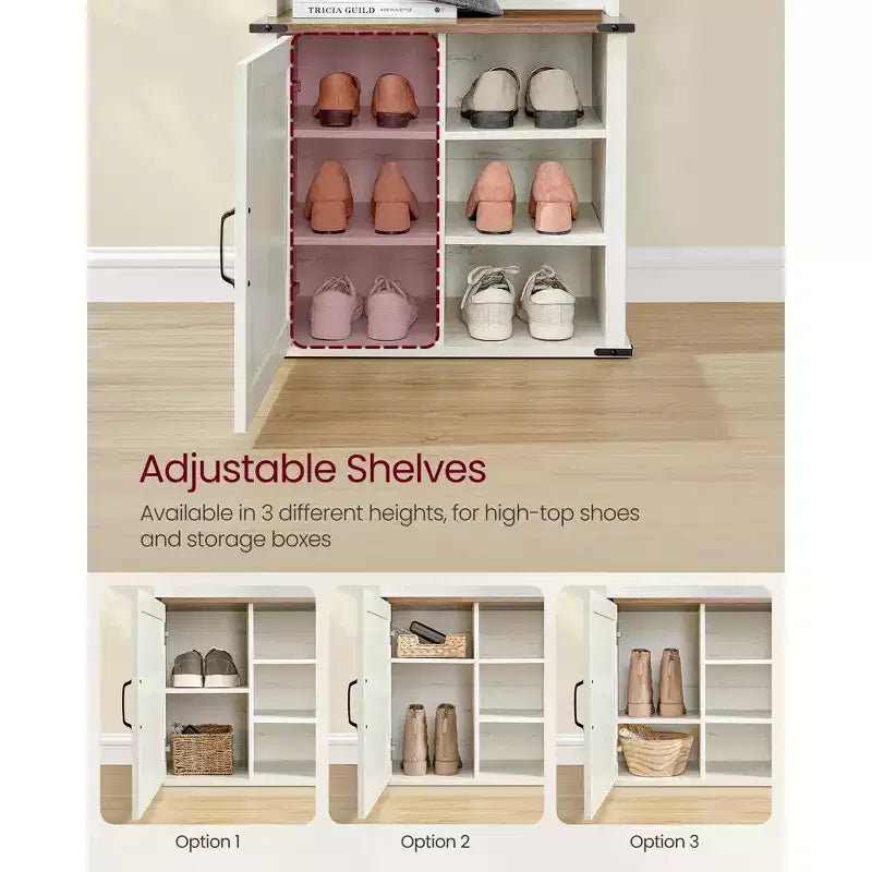 Hall Tree with Bench and Shoe Storage, Coat Rack with Shoe Bench, Entryway Furniture, 3 Tri-Hooks, Door with Handle, Rustic White