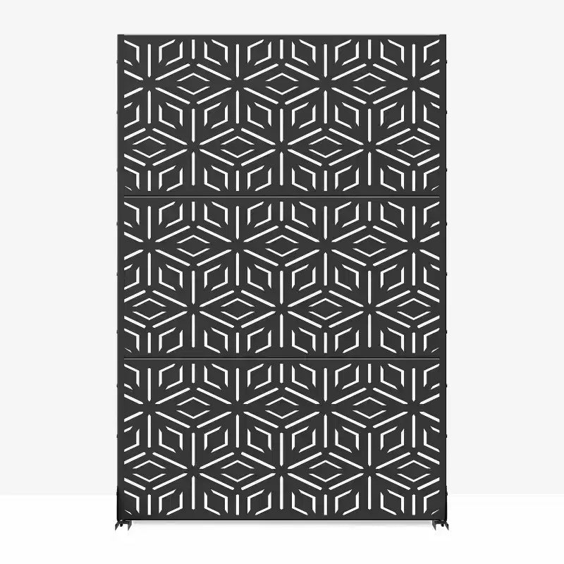 3-Panel Room Divider Screen with Geometric Pattern ?C Black Galvanized Steel
